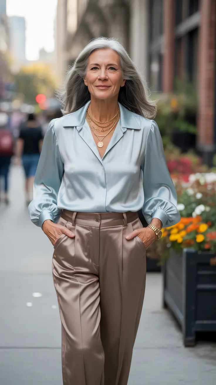 stylish spring outfits for women over 50 2026 Soft Satin Layers for an Elevated Spring Minimalism