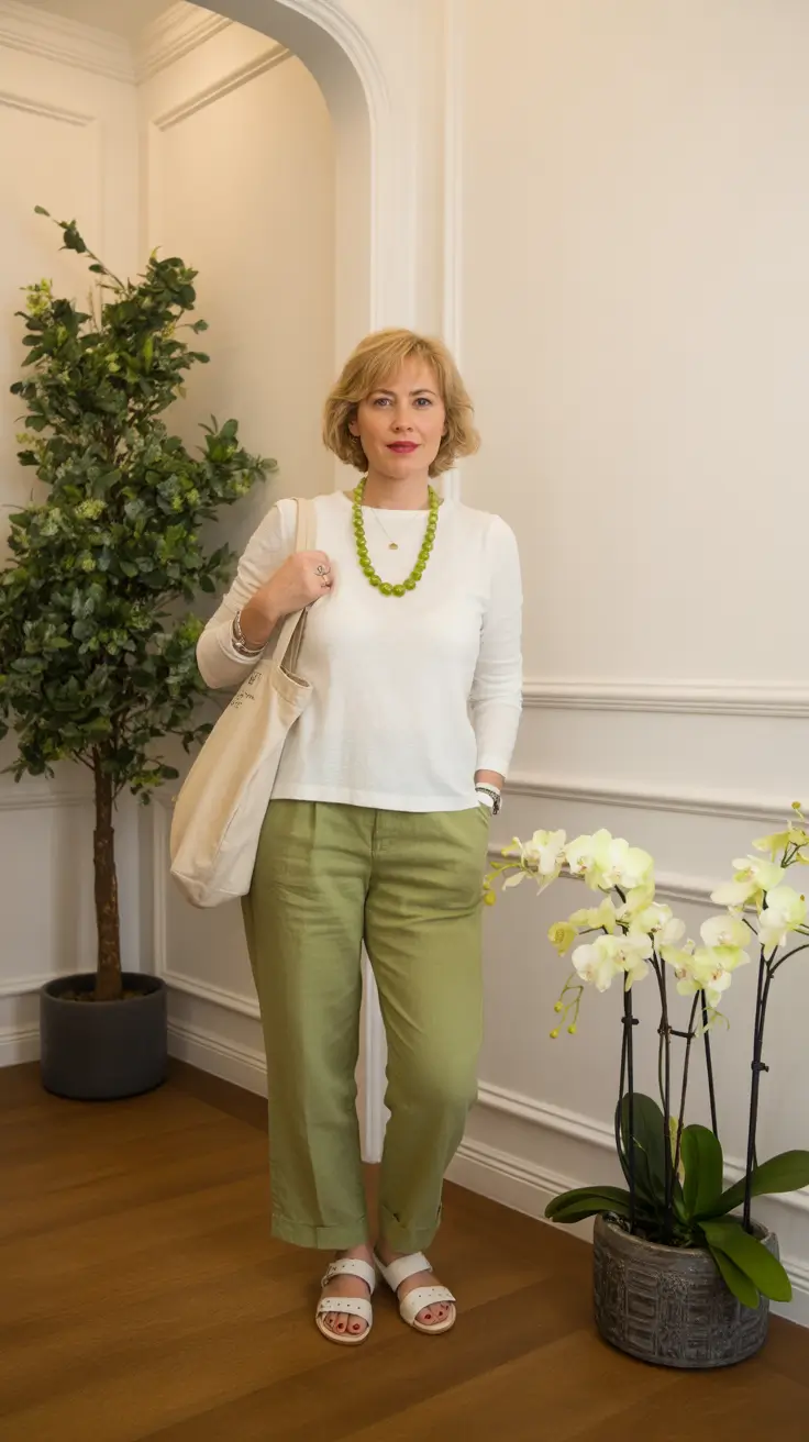 stylish spring outfits for women over 50 2026 Light Green Comfort for an Effortless Casual Spring Morning