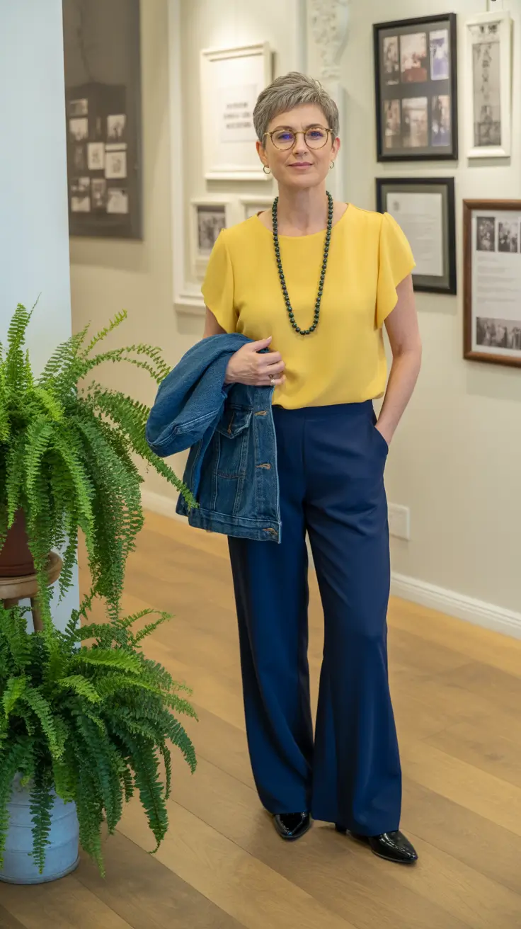 stylish spring outfits for women over 50 2026 Sunny Sophistication with Deep Navy Balance
