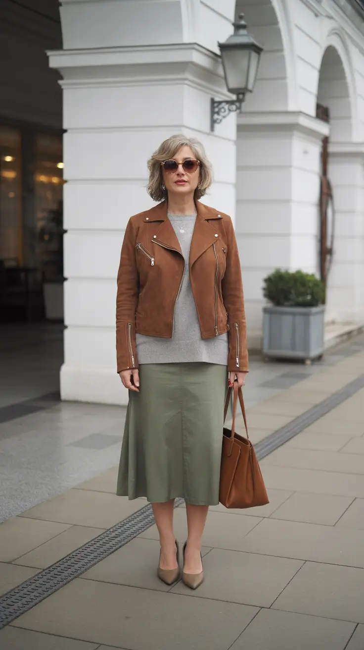 stylish spring outfits for women over 50 2026 Earthy Tones with a Soft Rocker Influence