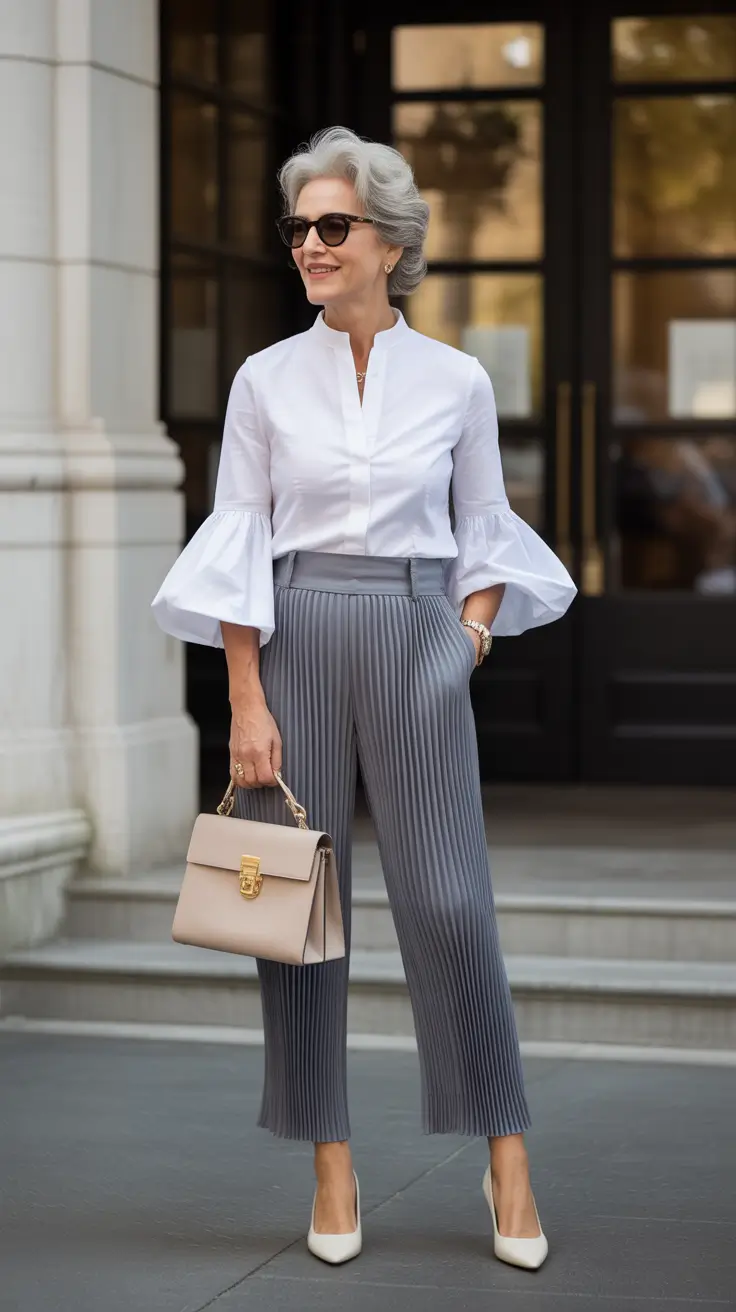 stylish spring outfits for women over 50 2026 Crisp White Drama with Architectural Pleats