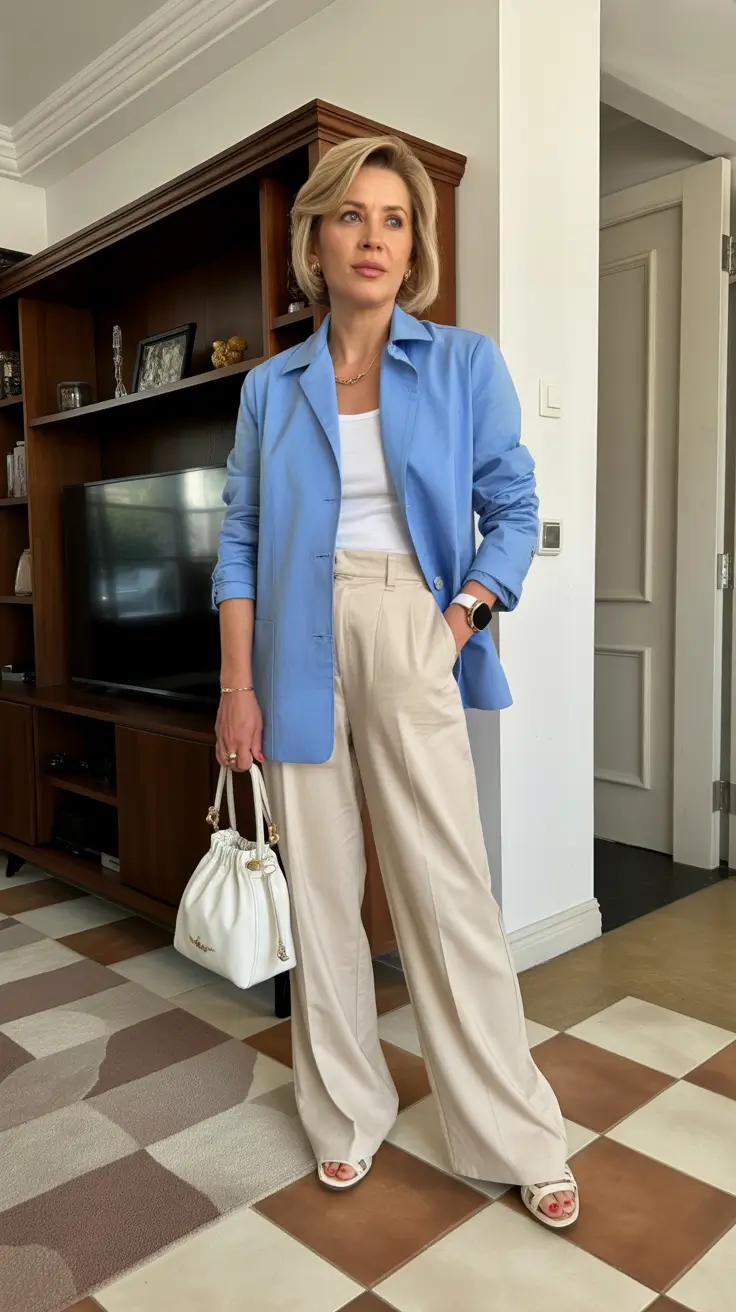 stylish spring outfits for women over 50 2026 Soft Blue Tailoring for a Clean Spring-Fresh Finish