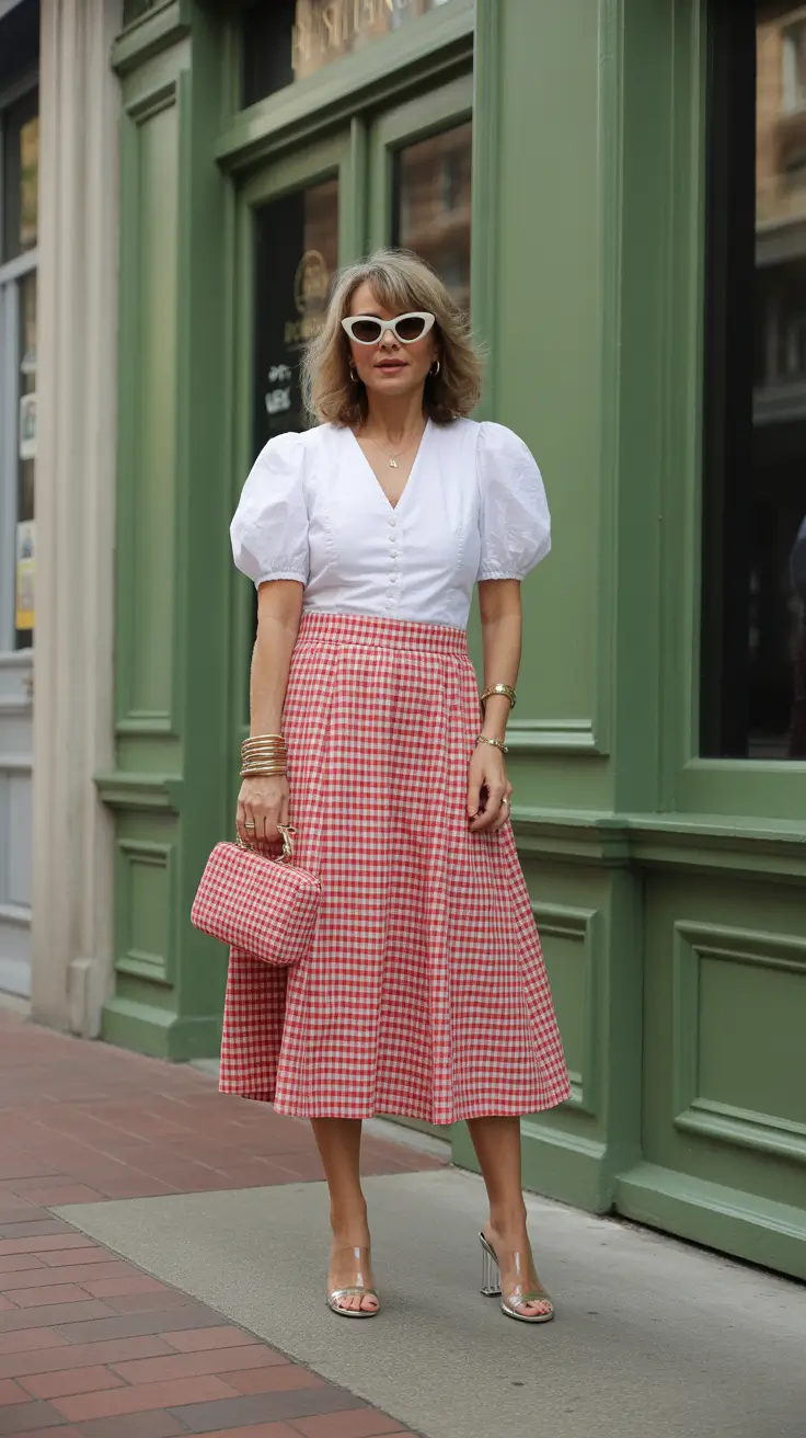 stylish spring outfits for women over 50 2026 Gingham Charm for a Lighthearted Spring Day