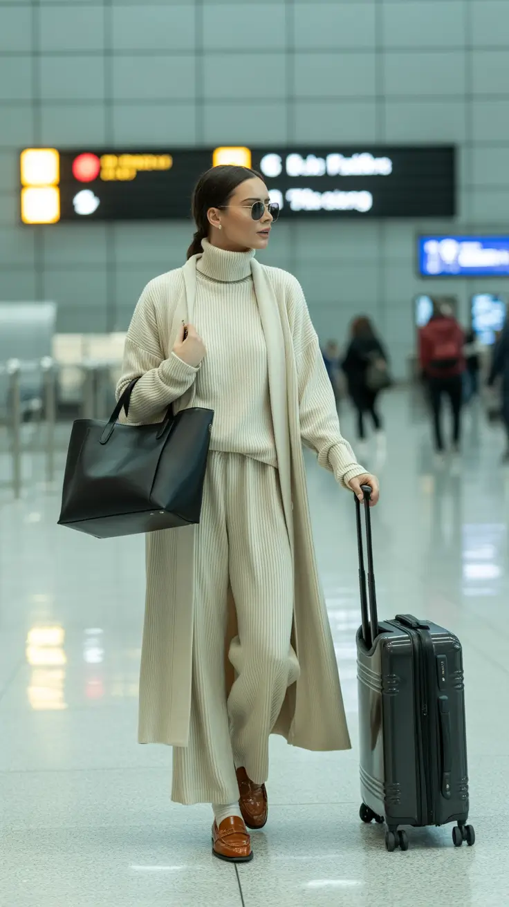 stylish spring travel outfits 2026 Monochrome Knit Luxury for Long Flights and European Airports
