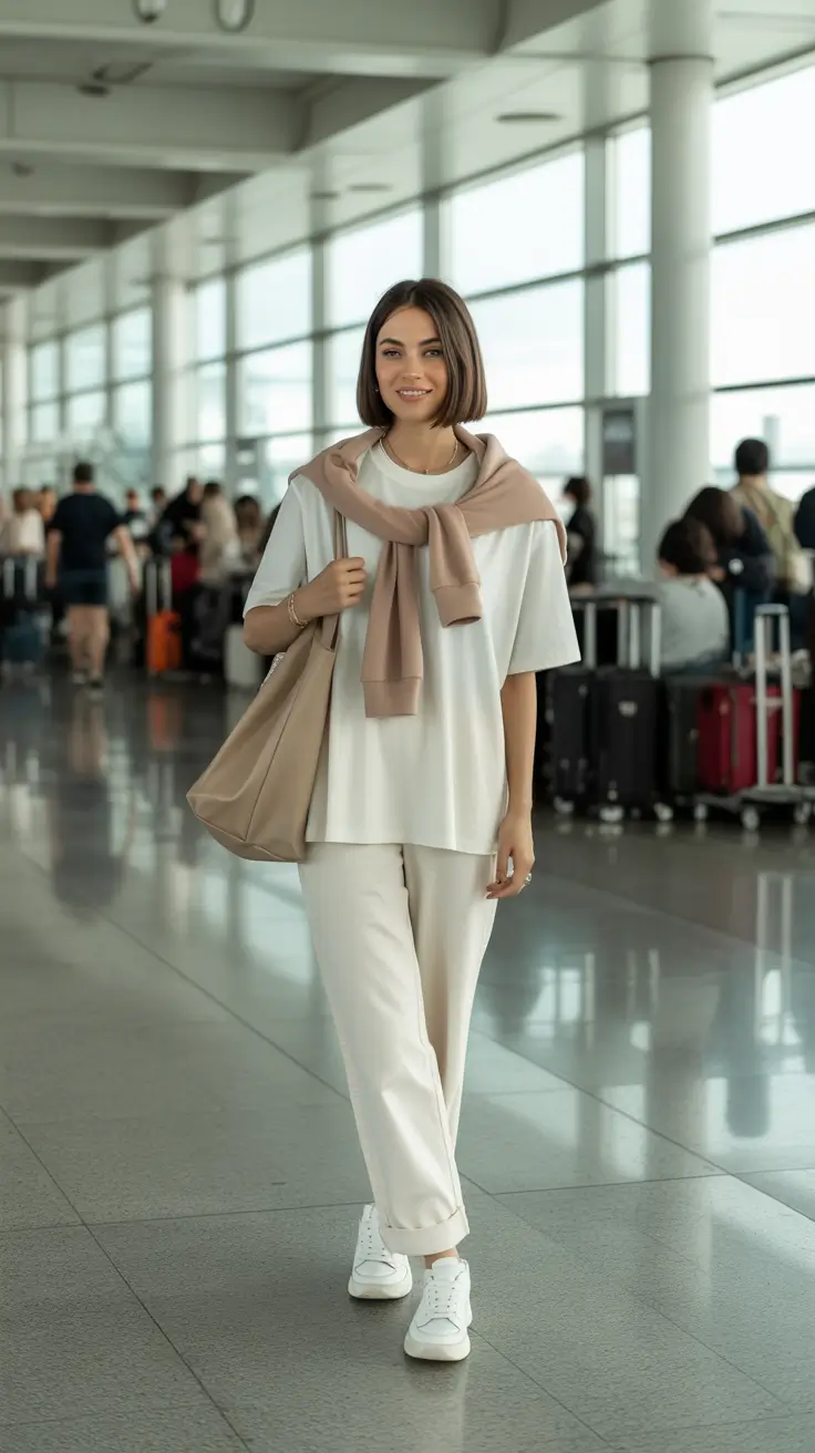 stylish spring travel outfits 2026 Soft Neutral Airport Ease for Comfortable Spring Departures