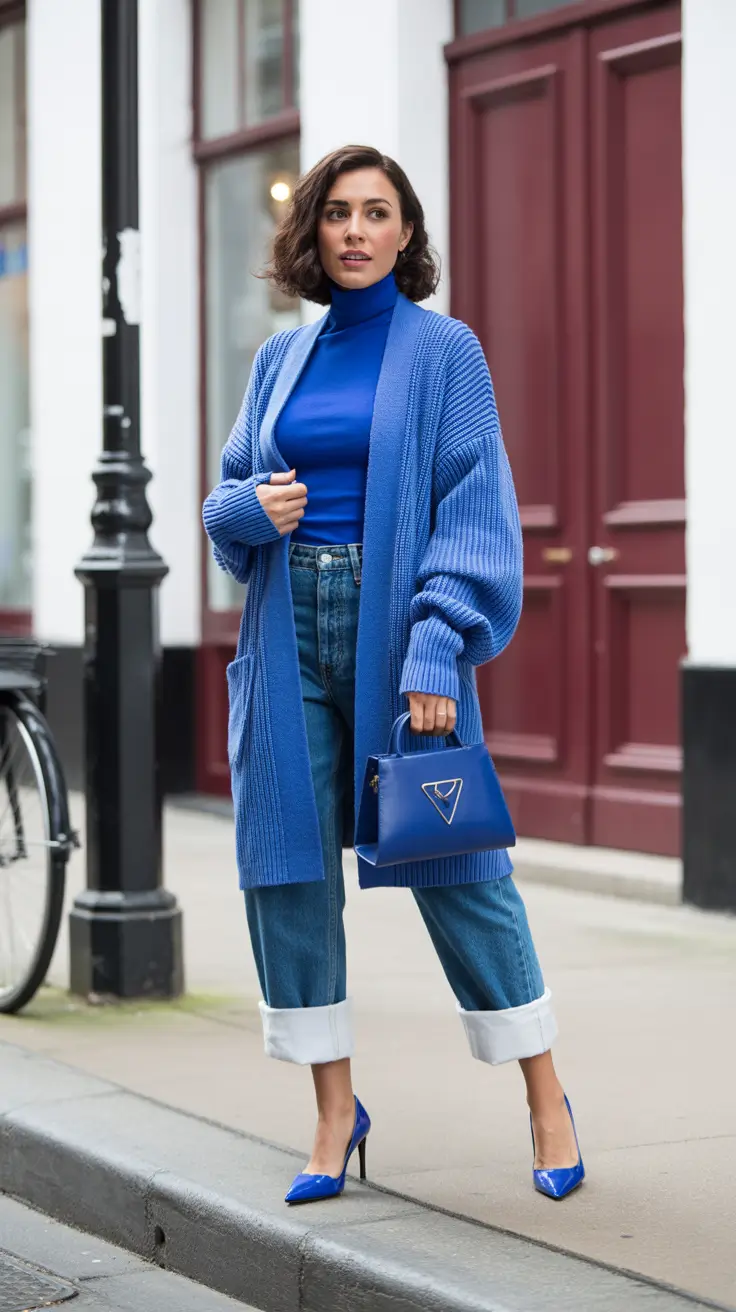 stylish spring travel outfits 2026 Electric Blue Layers for Cold Mornings in England and Ireland