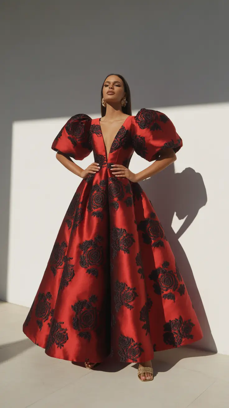 stylish spring wedding guest outfit 2026 Midnight Roses With Dramatic Volume