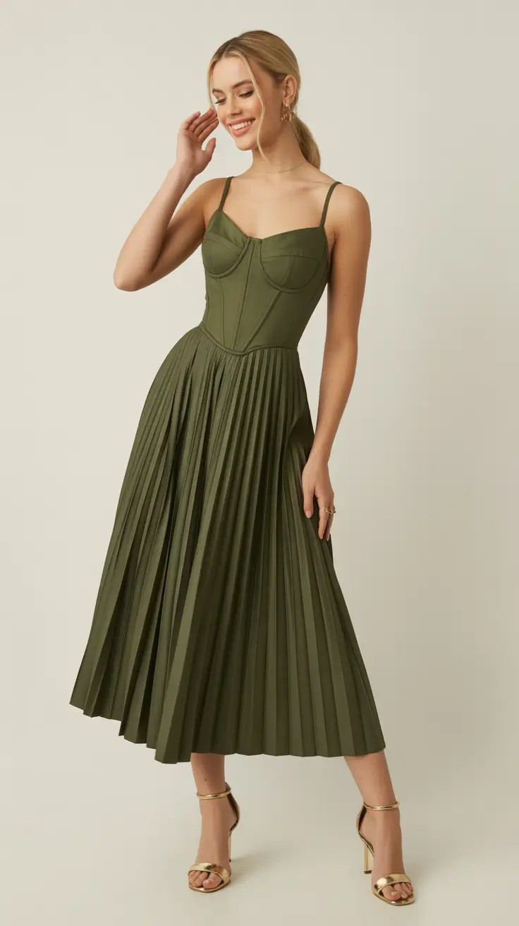 stylish spring wedding guest outfit 2026 Structured Olive Grace With a Pleated Finish
