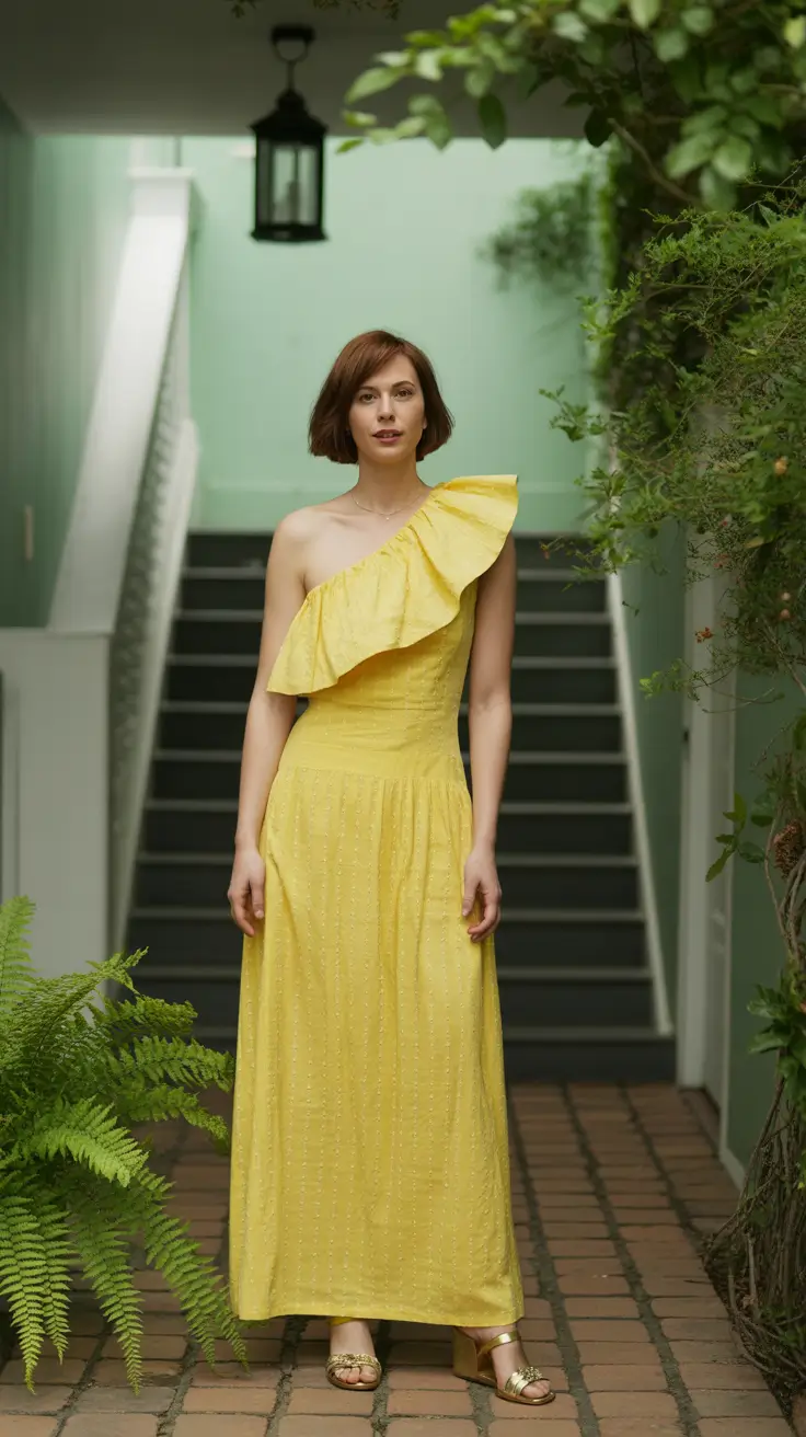 stylish spring wedding guest outfit 2026 Sunny Yellow Charm for Outdoor Weddings