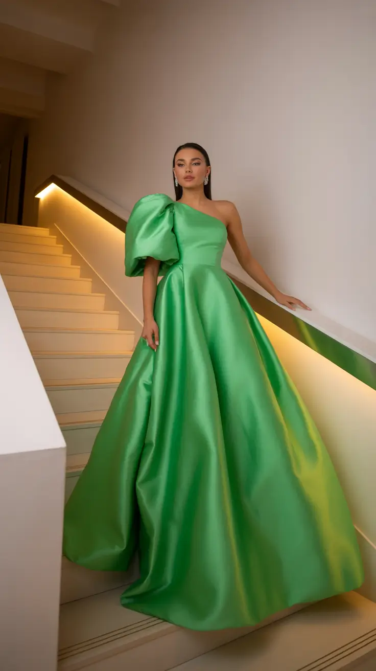 stylish spring wedding guest outfit 2026 Luxe Green Volume for a Grand Entrance