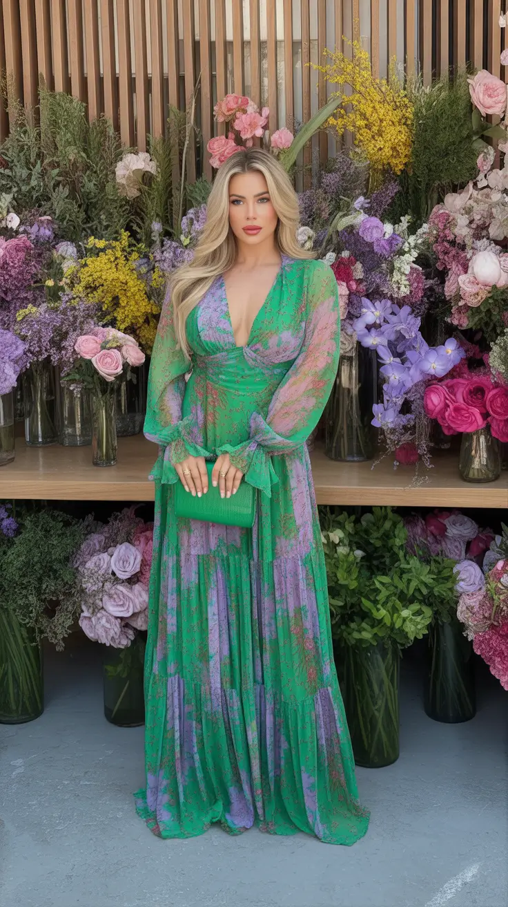 stylish spring wedding guest outfit 2026 Garden Goddess in Green and Lavender