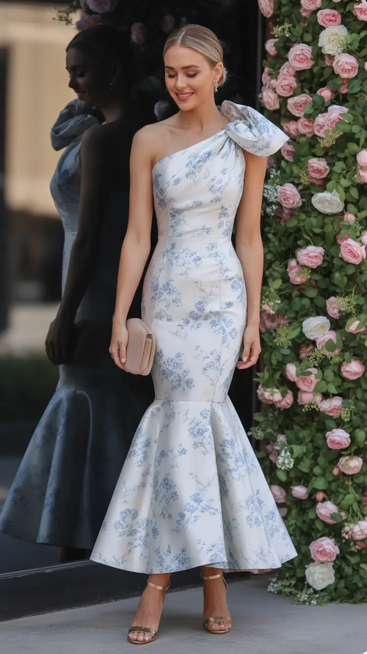 stylish spring wedding guest outfit 2026 Soft Blue Florals for a Modern Fairytale