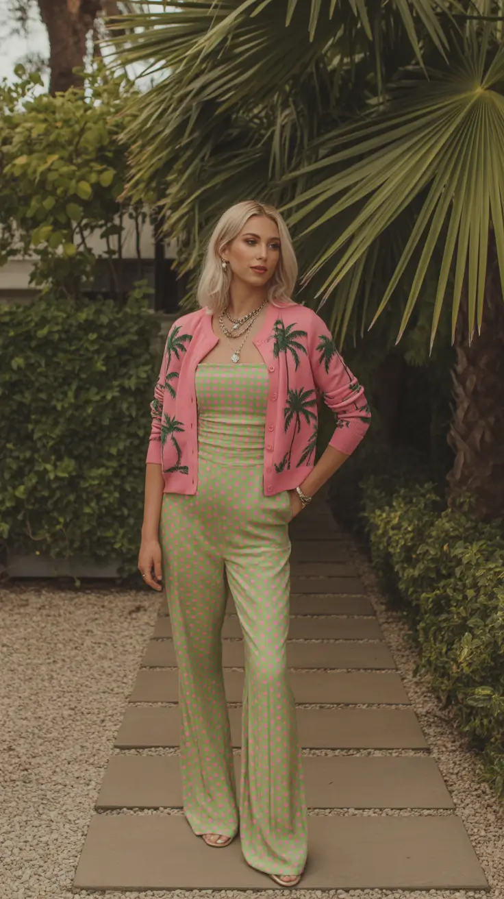 stylish spring wedding guest outfit 2026 Retro Palm Print Confidence