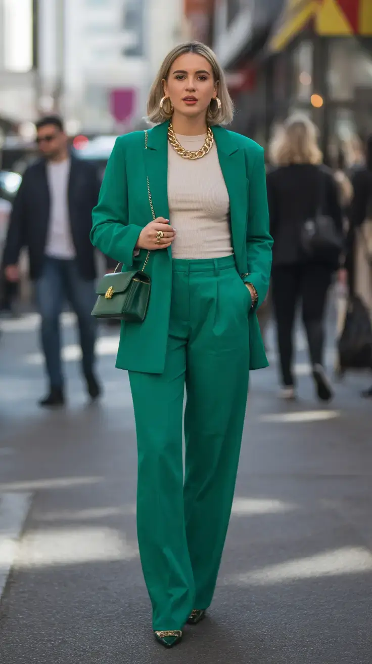 stylish winter to spring outfits 2026 Emerald Suit Power