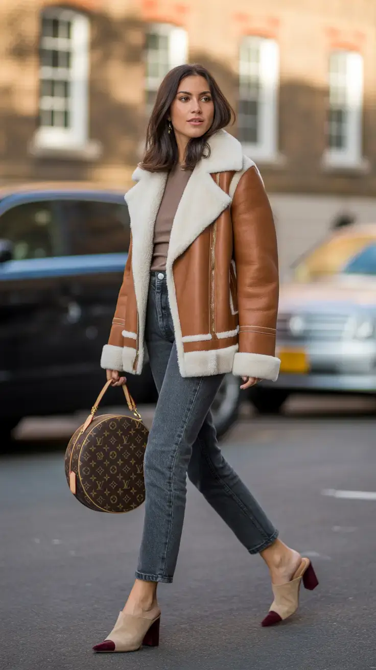 stylish winter to spring outfits 2026 Shearling Warmth Meets Denim Ease