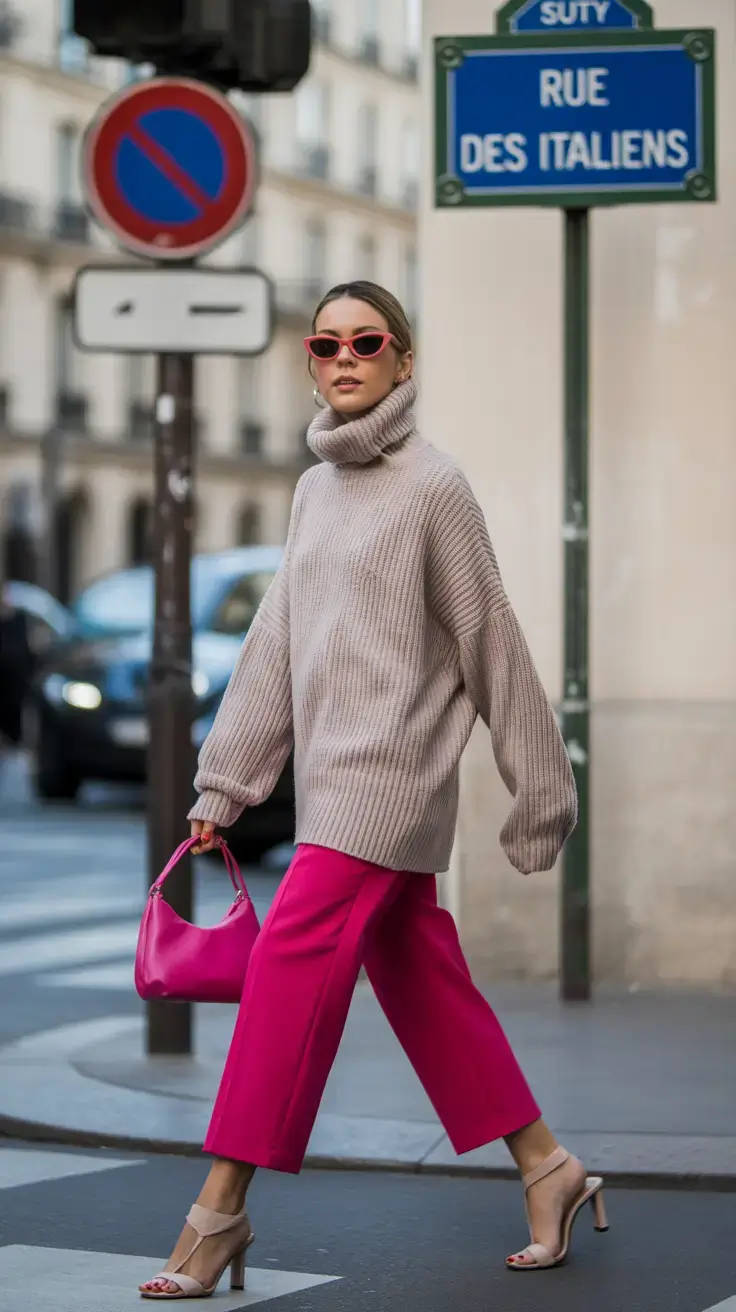 stylish winter to spring outfits 2026 Hot Pink & Soft Taupe Contrast