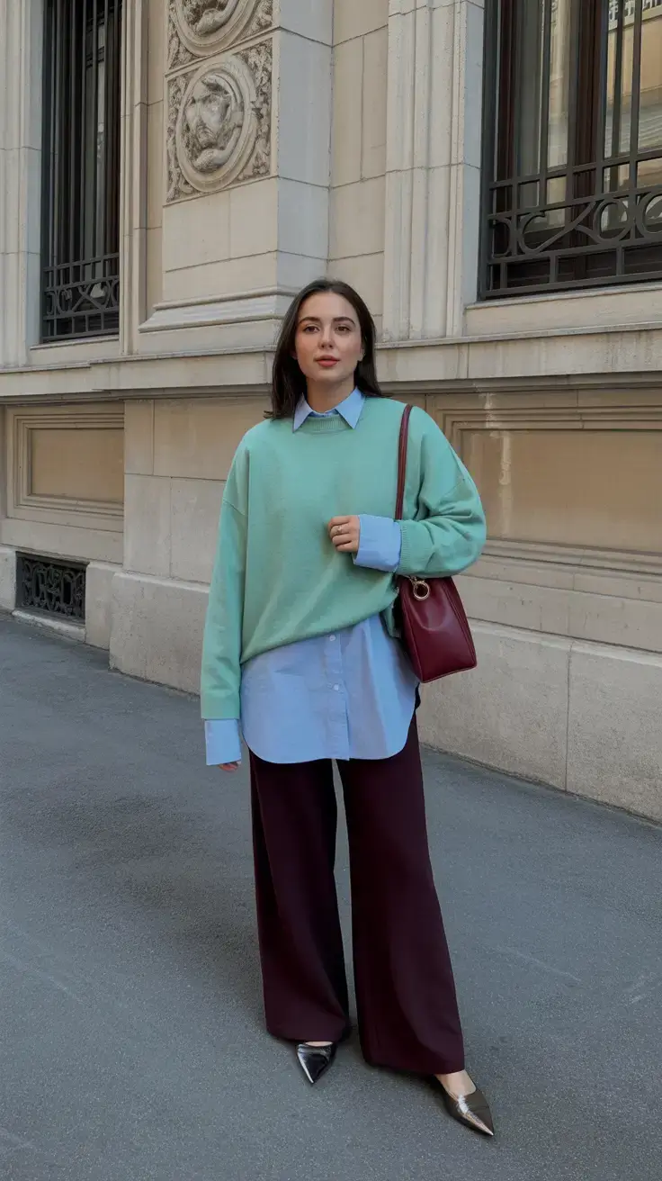 stylish winter to spring outfits 2026 Mint Layers & Burgundy Elegance