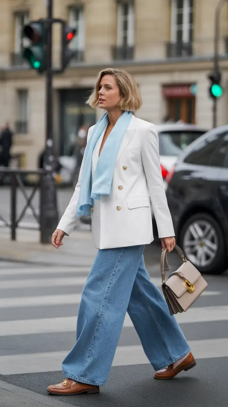 stylish winter to spring outfits 2026 White Blazer Sophistication With Denim Ease