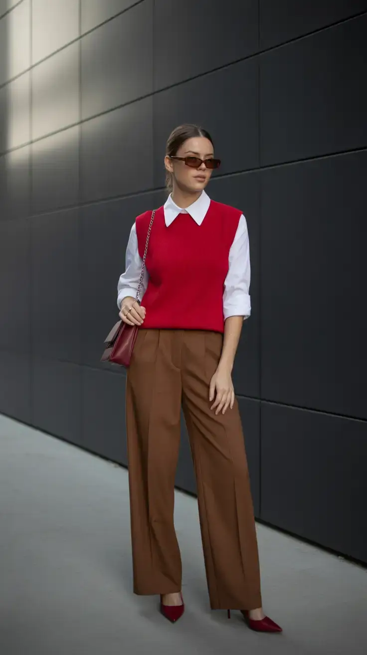 stylish winter to spring outfits 2026 Red Vest Confidence