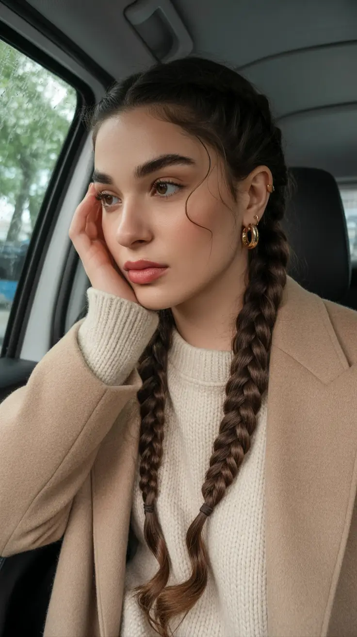 best spring braids hairstyle 2026 Soft Symmetrical Double Braids with Natural Shine