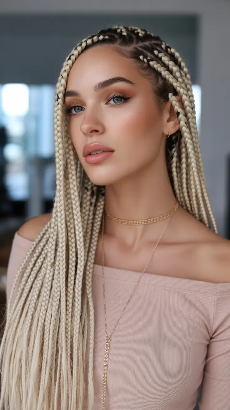 best spring braids hairstyle 2026 Platinum Micro Braids with Center-Part Precision