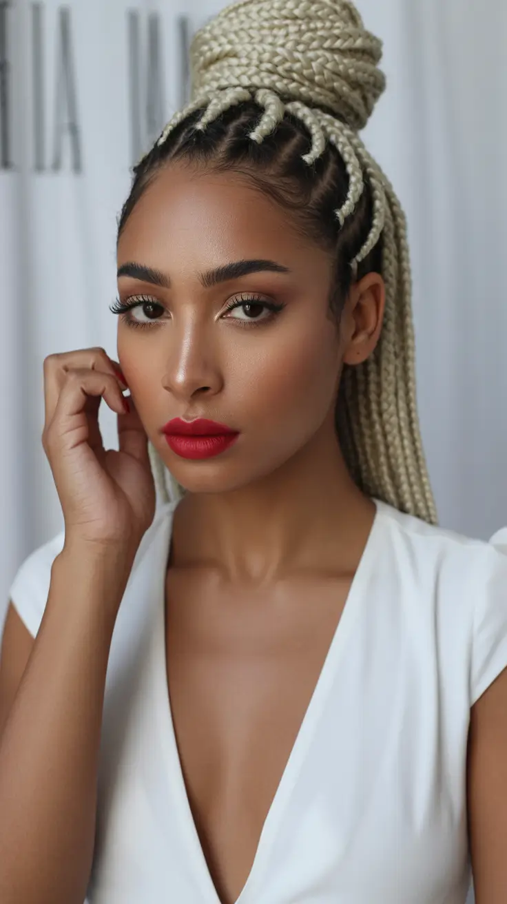 best spring braids hairstyle 2026 Blonde Jumbo Braided High Bun