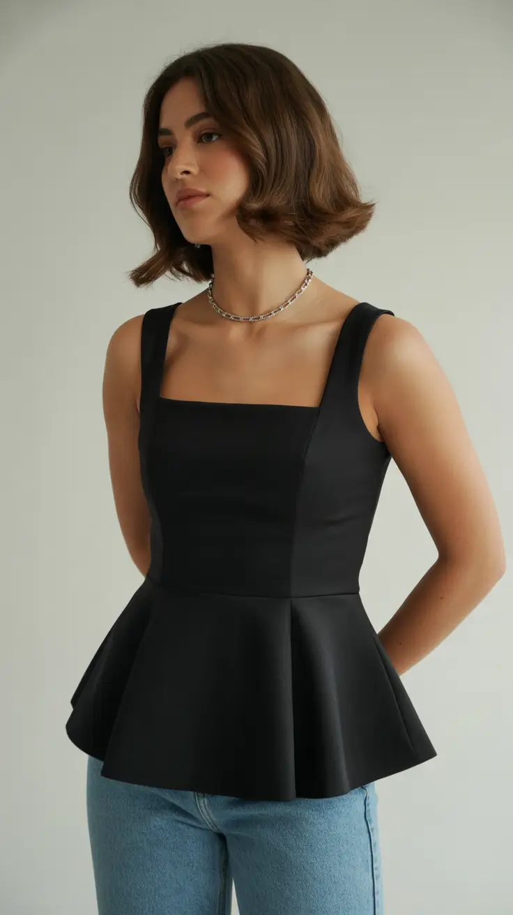 best spring outfits with stylish tops 2026 Black Peplum Minimalism With Sculpted Lines