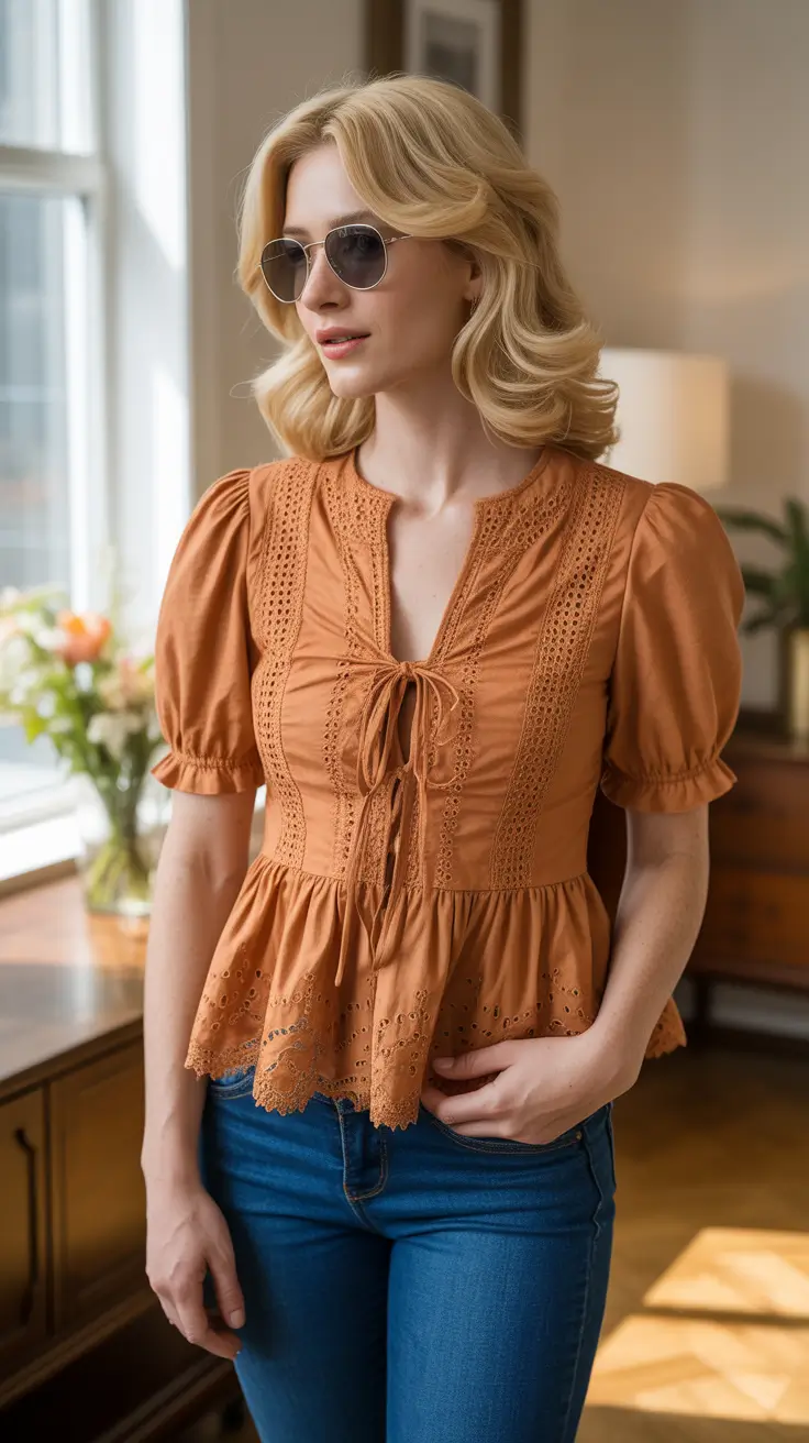 best spring outfits with stylish tops 2026 Warm Terracotta Lace for Cozy Spring Light