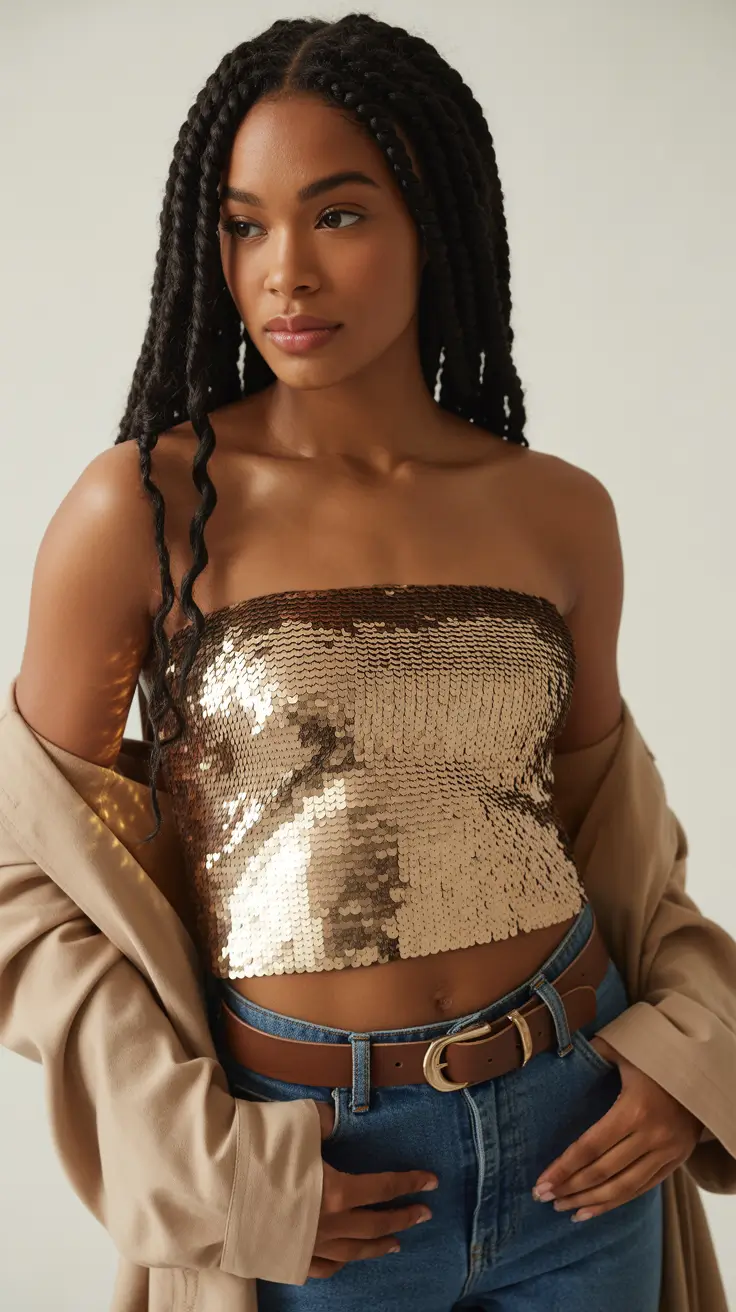best spring outfits with stylish tops 2026 Gold Sequin Tube Top for Confident Spring Nights