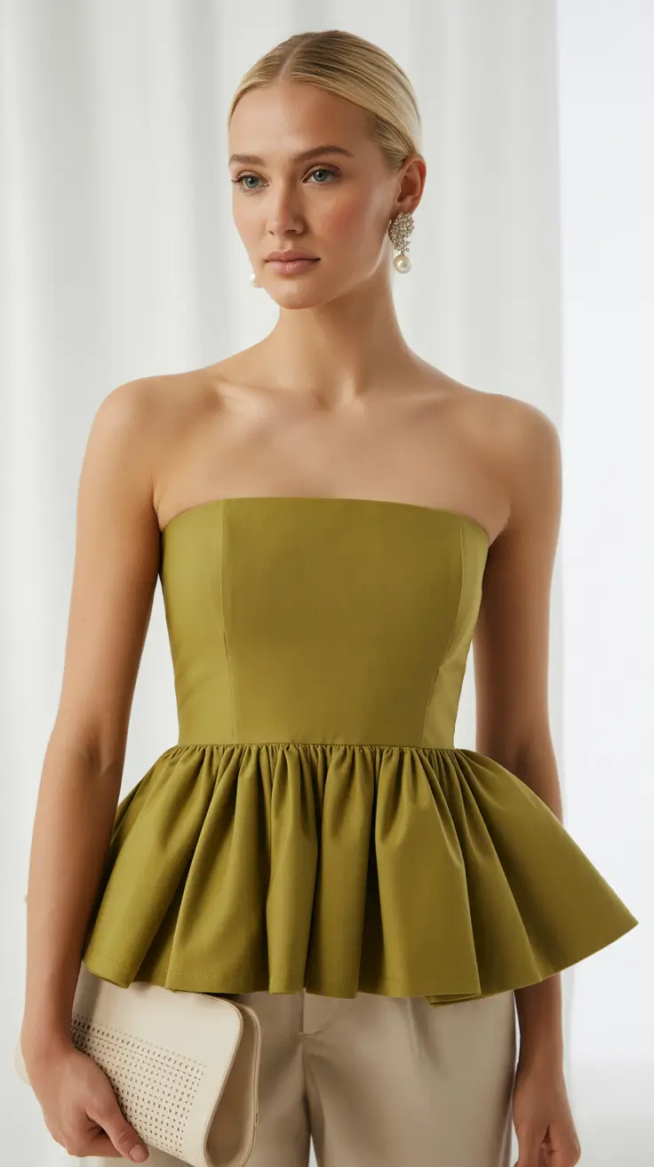 best spring outfits with stylish tops 2026 Olive Strapless Peplum With Elegant Structure