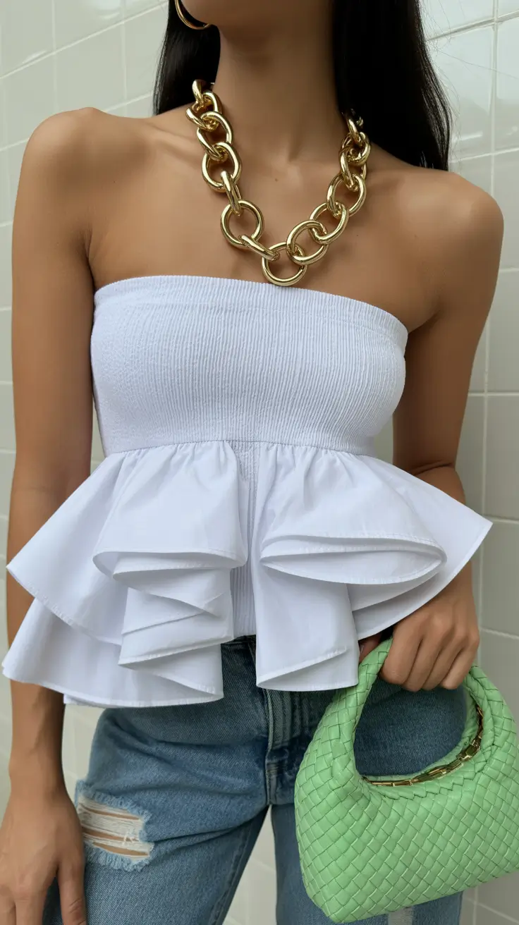 best spring outfits with stylish tops 2026 White Tube Ruffles for Playful Spring Drama