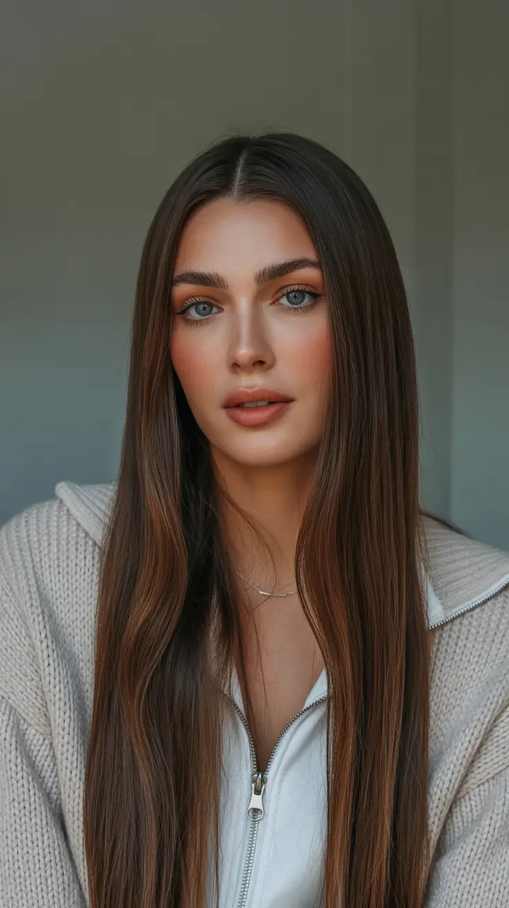 chic spring long haircut styles 2026 Silky Chestnut Precision with Center-Part Minimalism