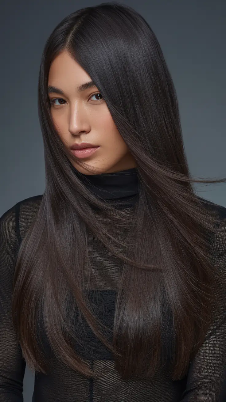 chic spring long haircut styles 2026 Glossy Espresso Straight Cut with Subtle Face Framing