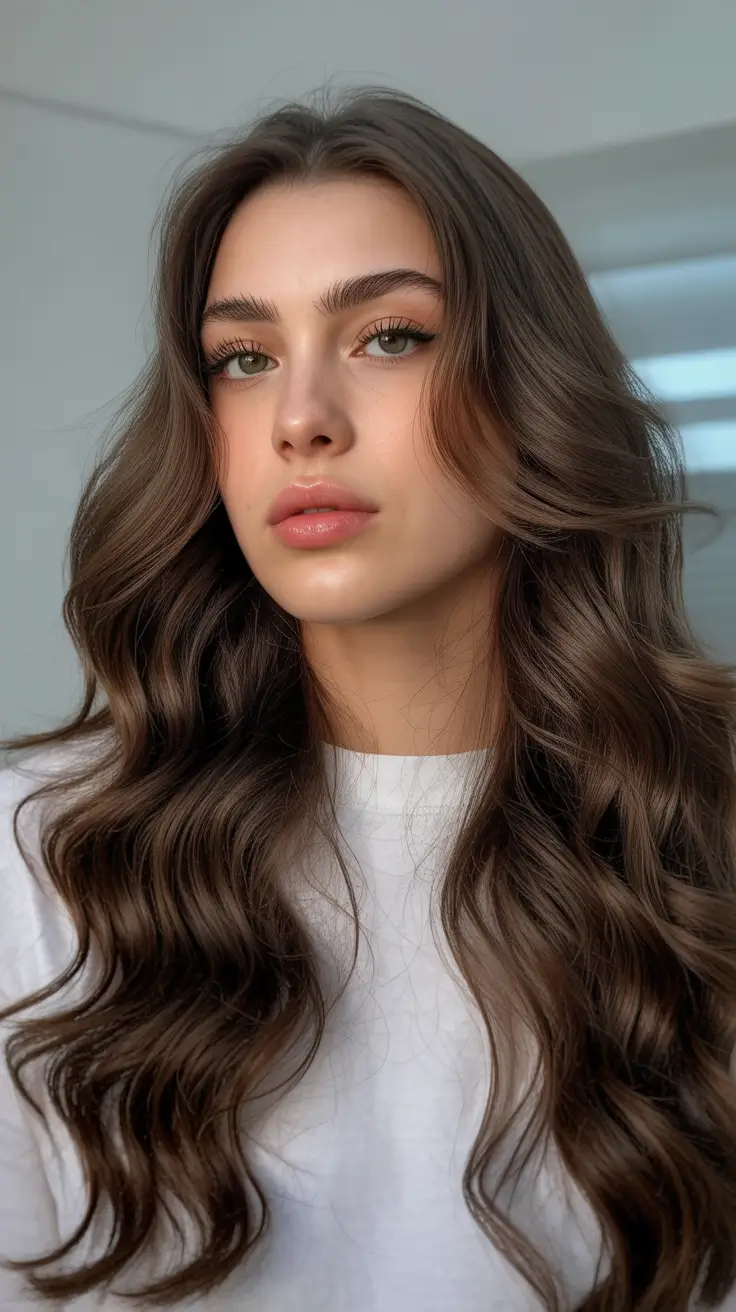 chic spring long haircut styles 2026 Dimensional Brunette Waves with Luminous Depth