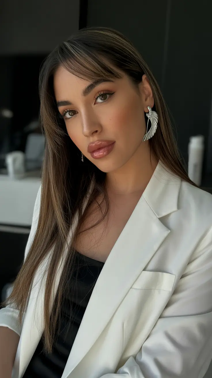 chic spring long haircut styles 2026 Side-Swept Brunette with Soft Fringe Layers