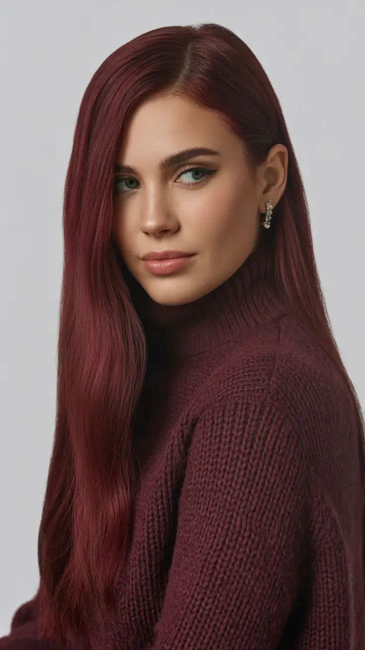 chic spring long haircut styles 2026 Velvet Cherry Straight Length with Rich Saturation