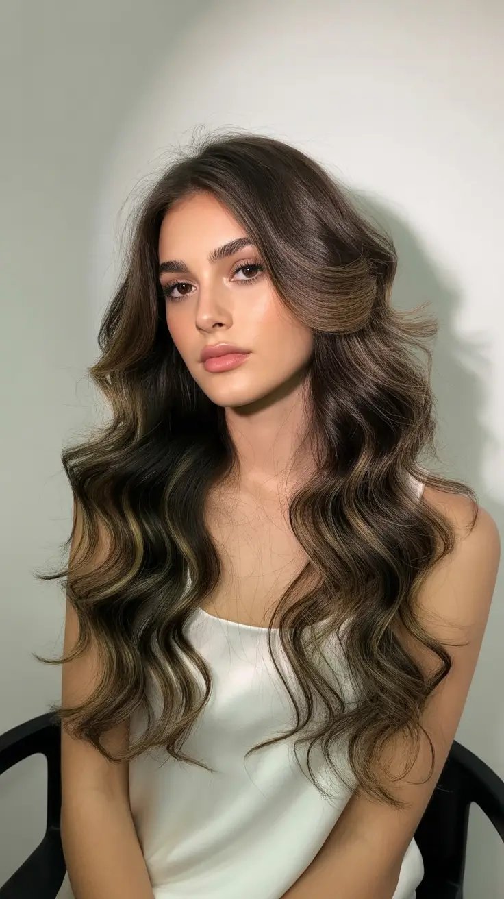 chic spring long haircut styles 2026 Voluminous Brunette Waves with Structured Layers