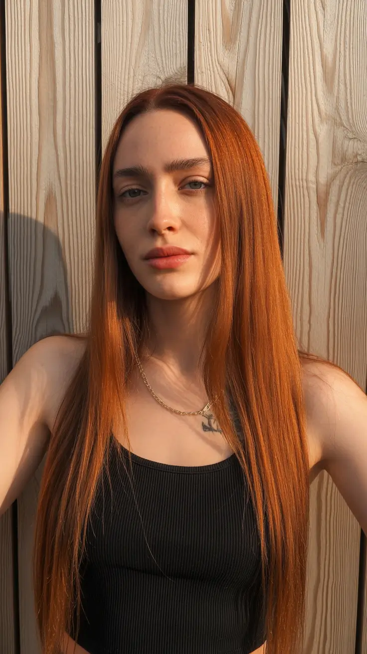 chic spring long haircut styles 2026 Glossy Copper Straight Cut with Precision Finish