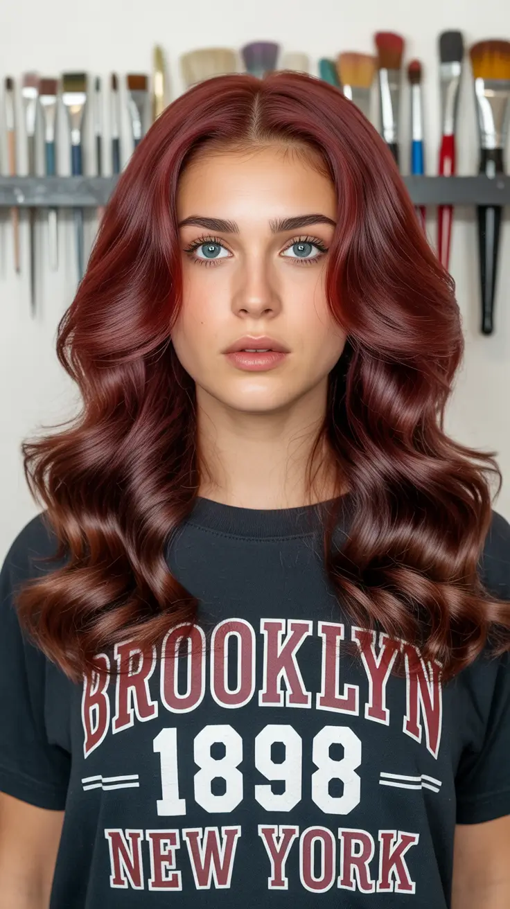 chic spring long haircut styles 2026 Rich Cherry Red Waves with Sculpted Long Layers