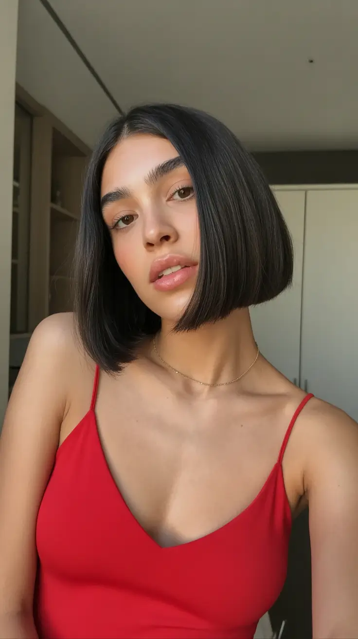 chic spring short haircut 2026 Precision Sleek Jet Black Micro Bob