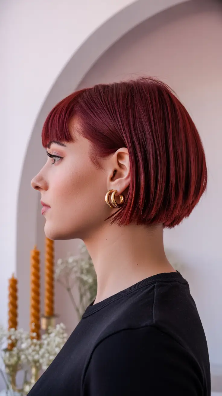 chic spring short haircut 2026 Rich Cherry Red Sculpted Bob With Micro Fringe