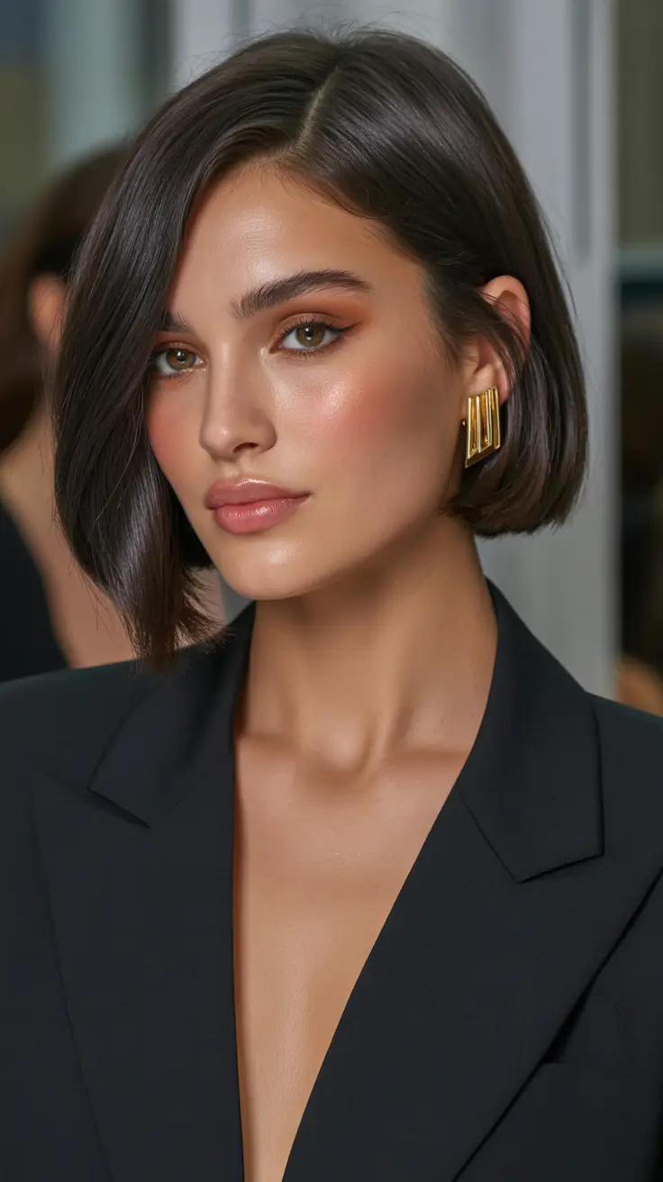 chic spring short haircut 2026 Polished Deep Brunette Asymmetrical Bob