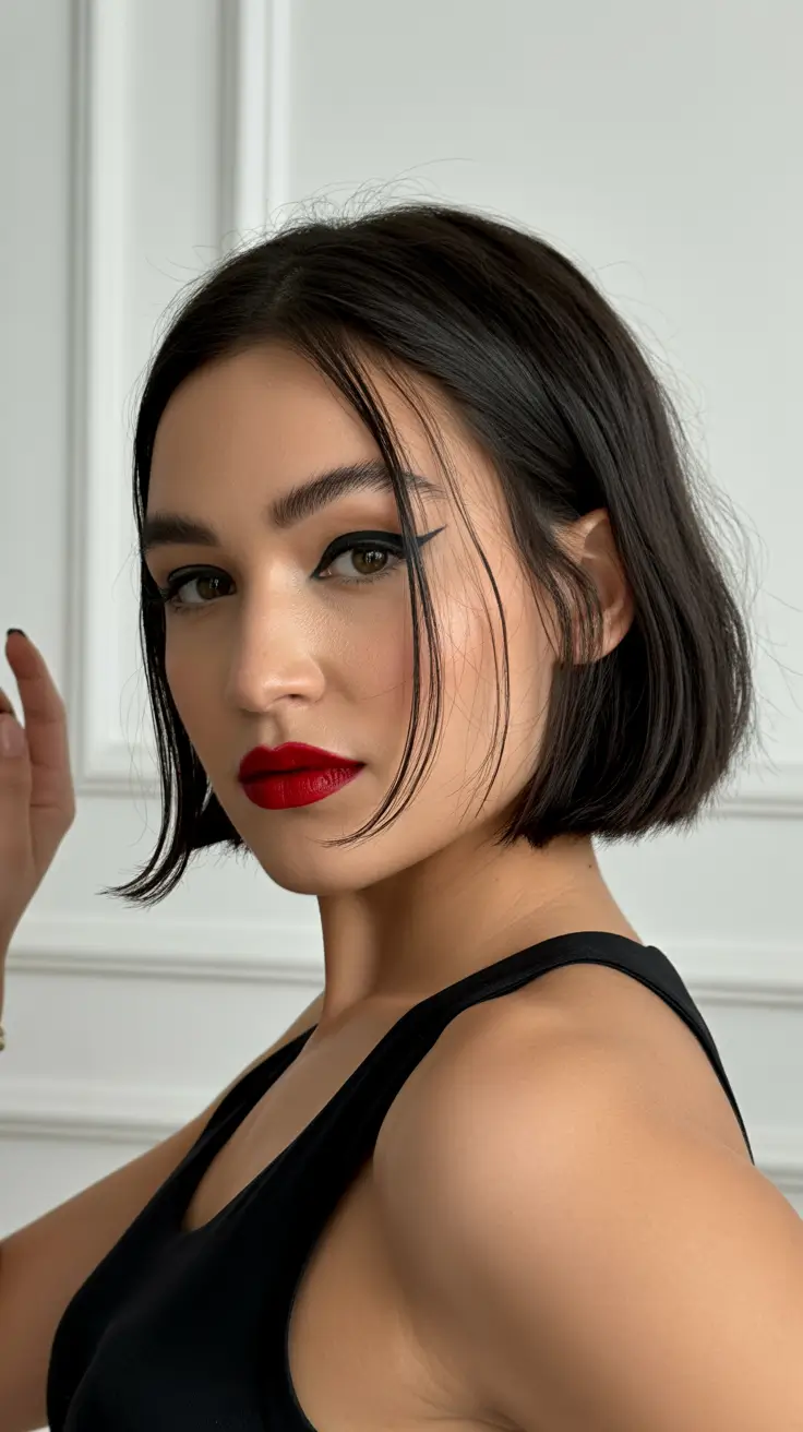 chic spring short haircut 2026 Sleek Black Micro Bob With Face-Framing Tendrils