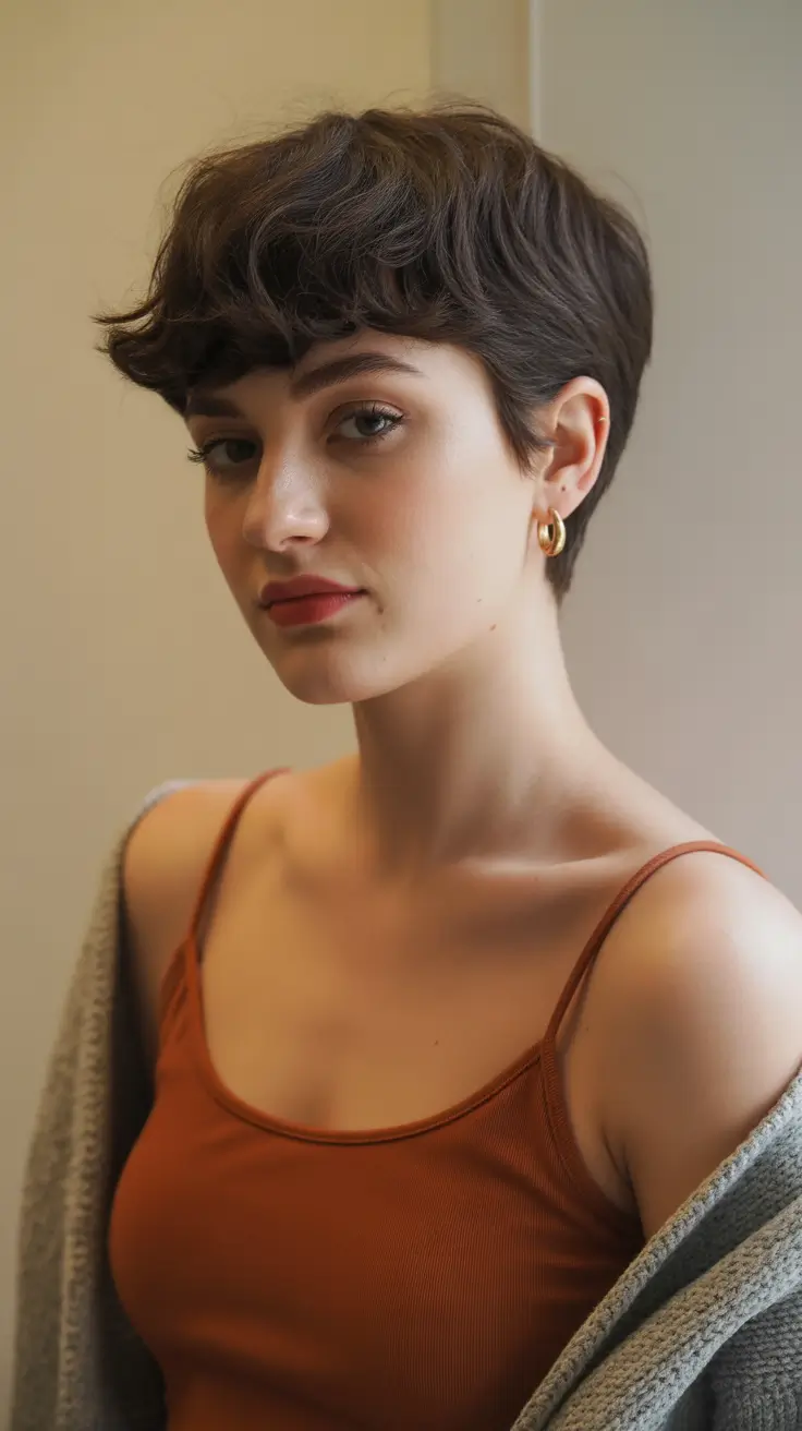 chic spring short haircut 2026 Soft Brunette Pixie With Textured Fringe