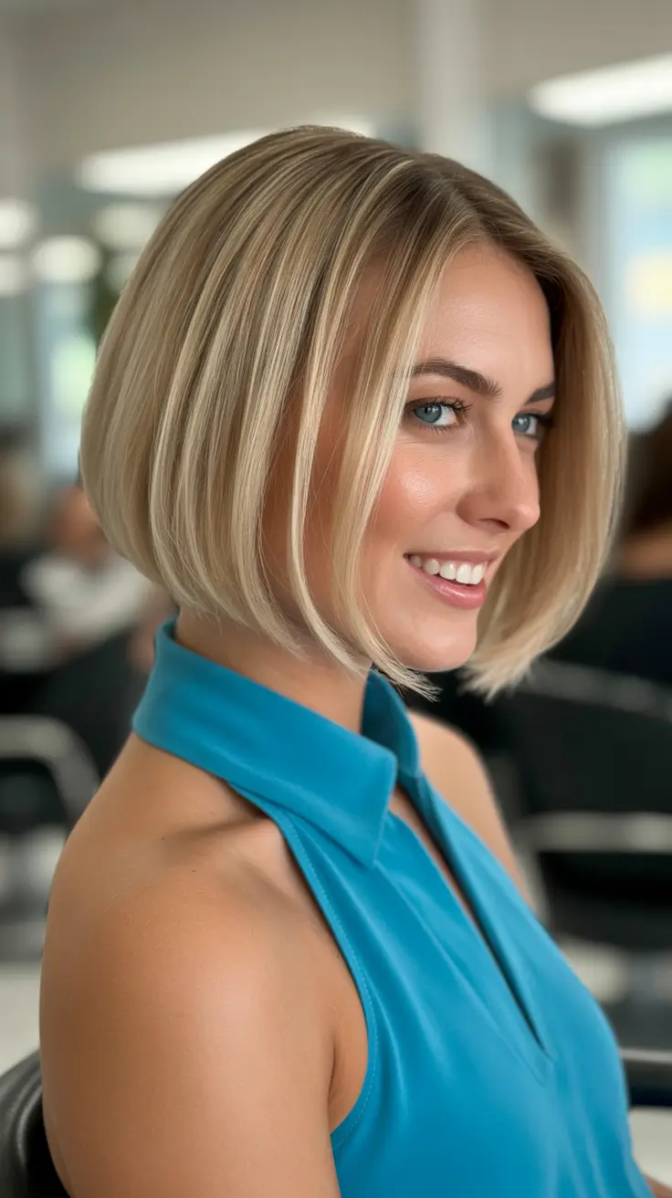 chic spring short haircut 2026 Precision Blonde Bob With Glass Finish