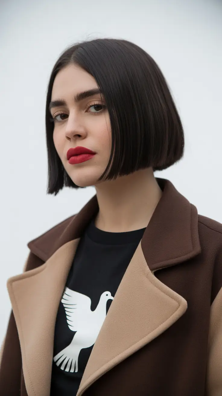 chic spring short haircut 2026 Sharp Graphic Micro Bob With Statement Lip