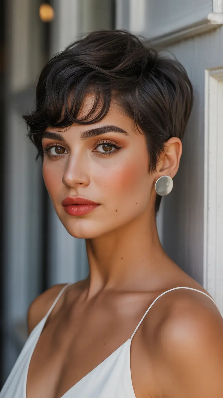 chic spring short haircut 2026 Soft Textured Brunette Pixie With Side-Swept Fringe