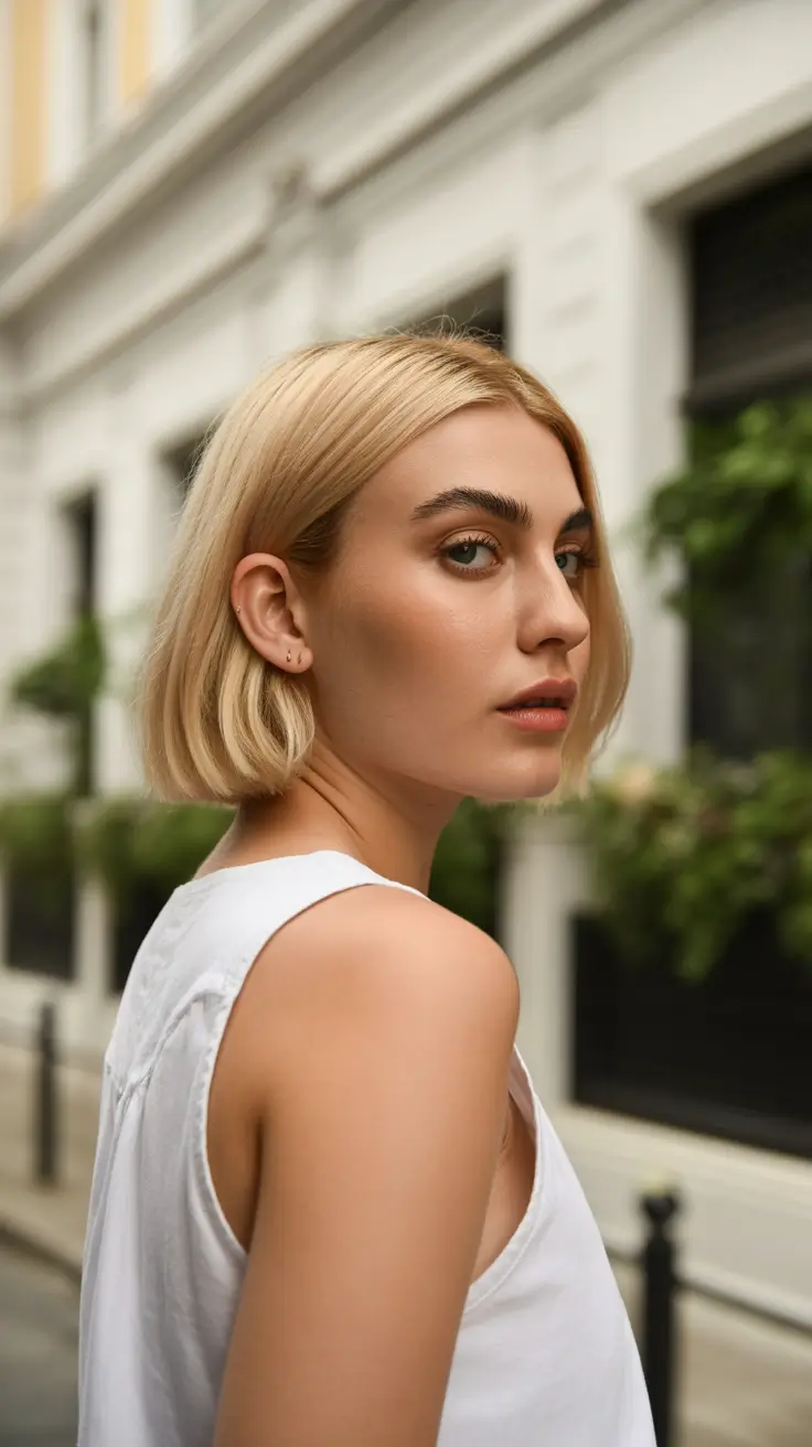 chic spring short haircut 2026 Soft French-Inspired Blonde Micro Bob