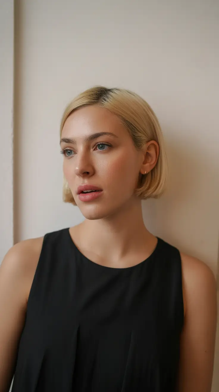 chic spring short haircut 2026 Soft Minimal Blonde Jawline Bob