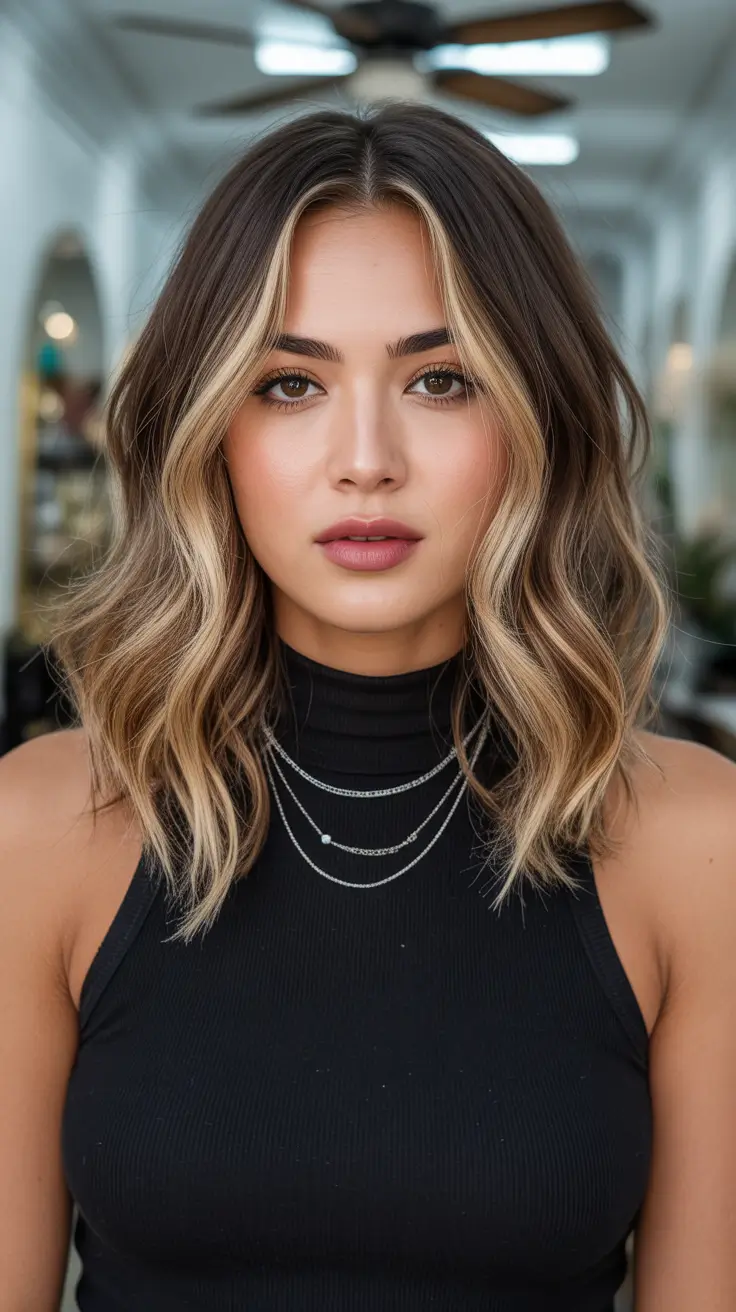 cute spring balayage hair color ideas 2026 Soft Brunette with Lived-In Blonde Ribbons